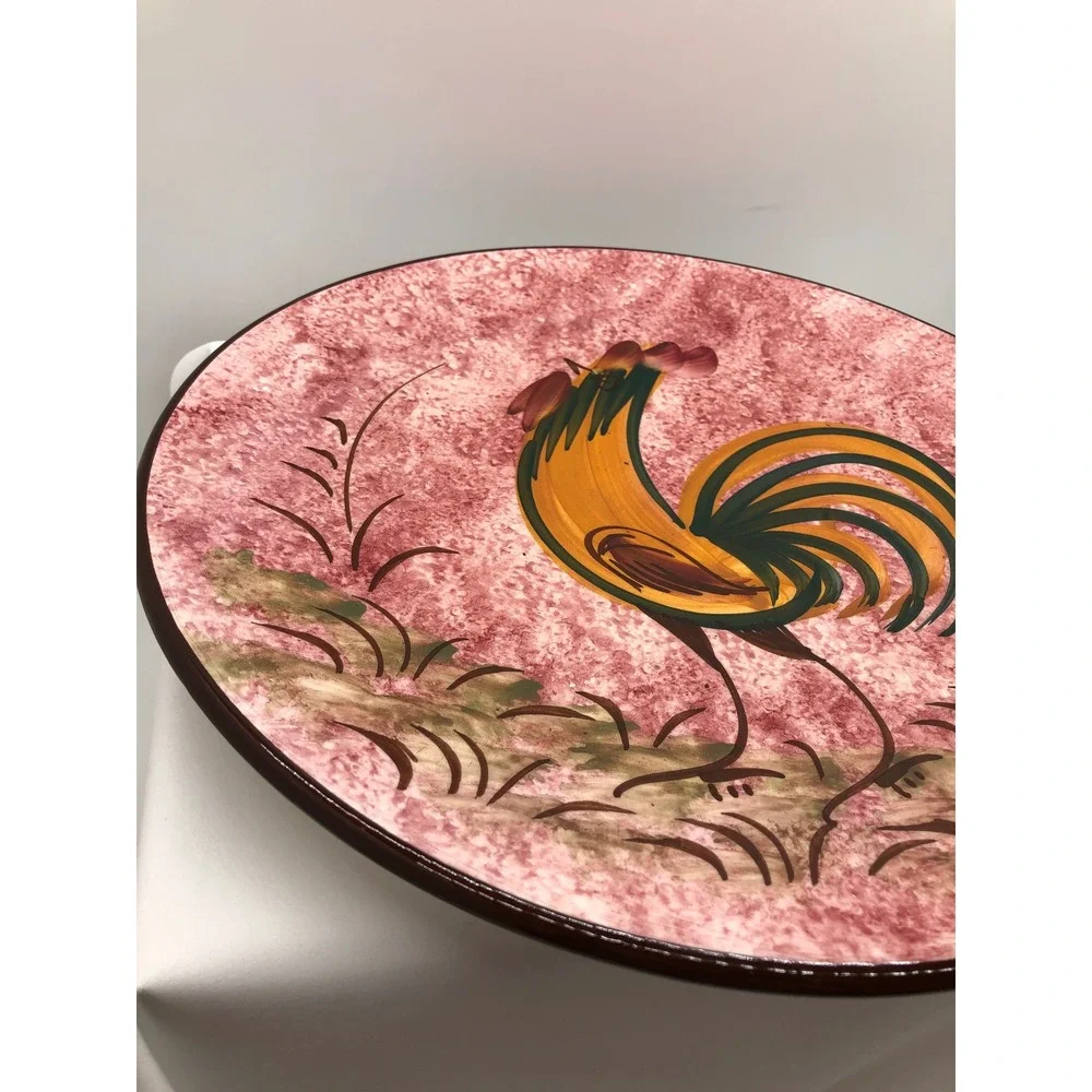 Vintage‎ Hand Painted Rooster Ceramic Charger Plate Pink Sponged Wall Decor